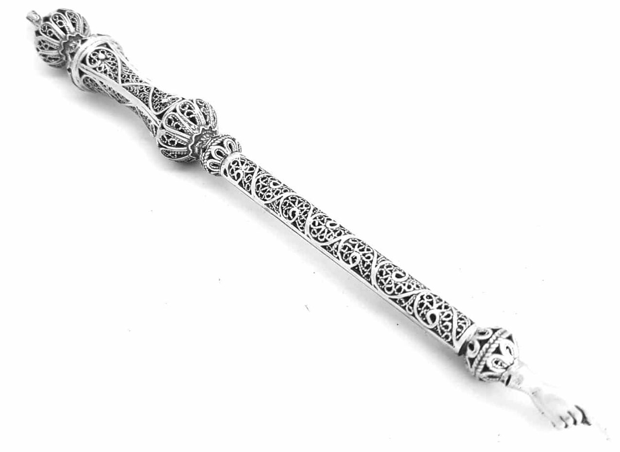 Filigree Two Crowns Long Sterling Silver Torah Pointer