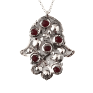 Hamsa Embellished Sterling Silver Pendant with Pomegranates