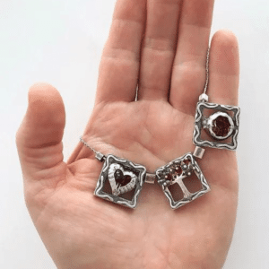 Pomegranate Horizontal Heart and Tree Silver Pendant with Crystals
