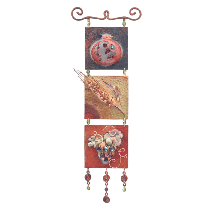 Detailed Copper Pomegranate, Wheat & Grapes Mobile – Modern Judaica Art