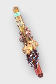 Magnificent Copper Mezuzah Case With Two Love Birds Sitting On a Branch of Grapes