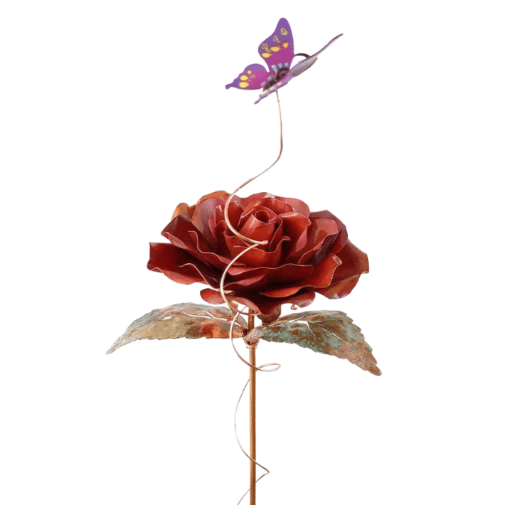 Beautiful One Large Red Rose Copper with Butterfly