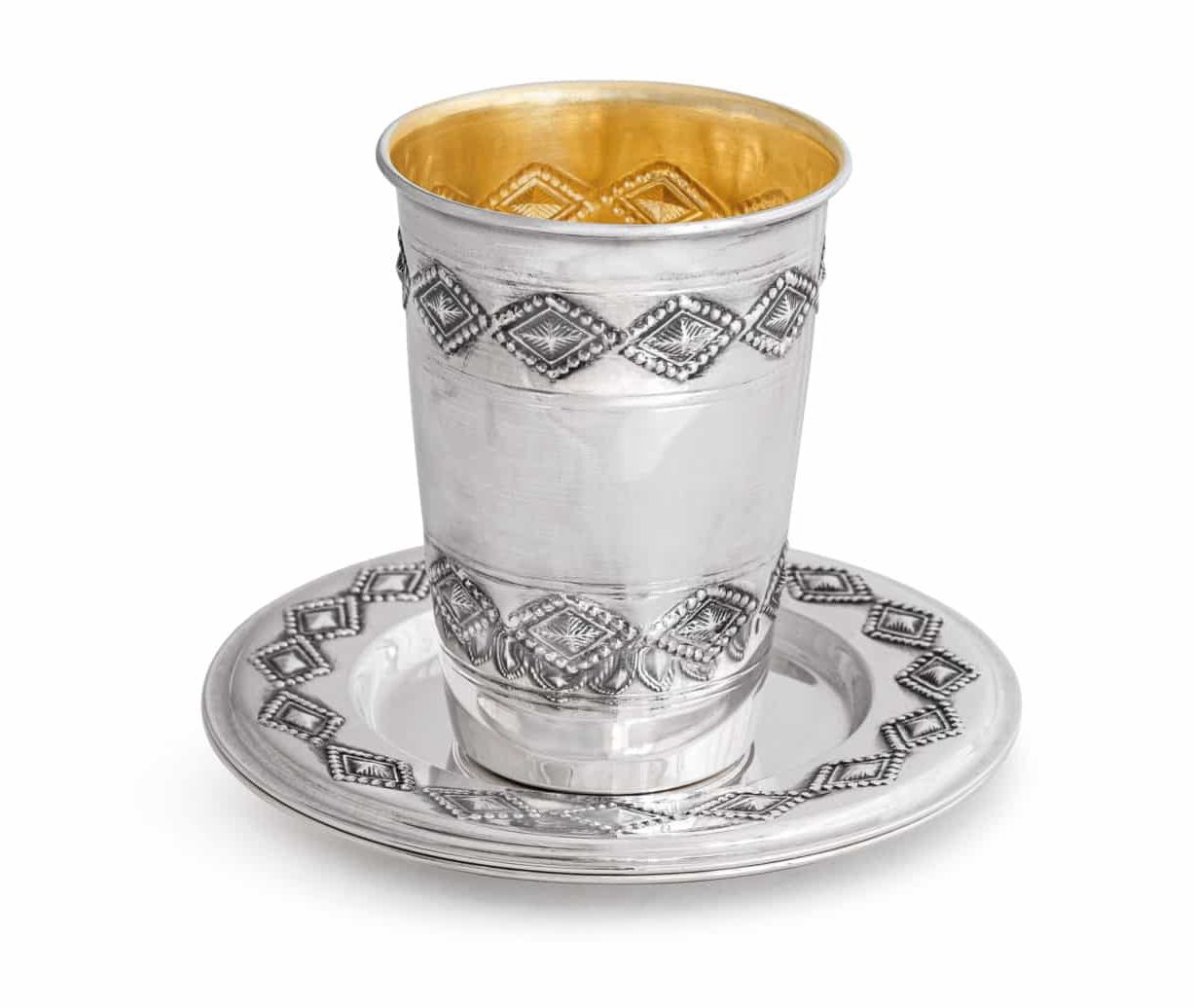 Silver Kiddush Cup With Plate Rhombic Ornaments