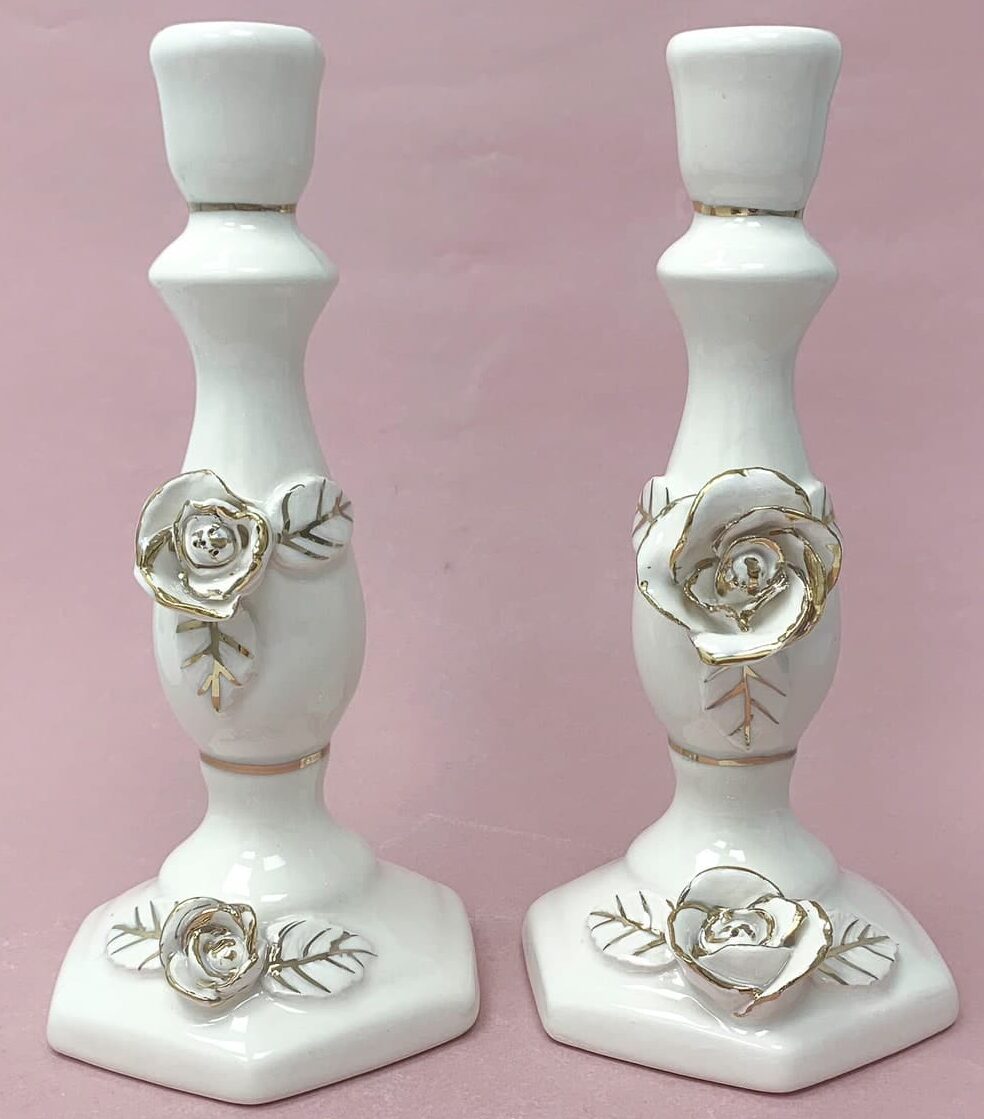Ceramic Shabbat Candlesticks Flowers Decorated