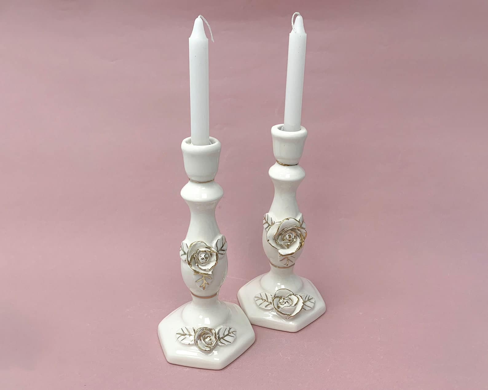 Ceramic Shabbat Candlesticks Flowers Decorated