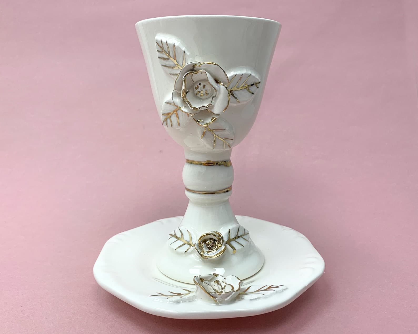 Decorated Ceramic White and Gold Wine Goblet and Plate
