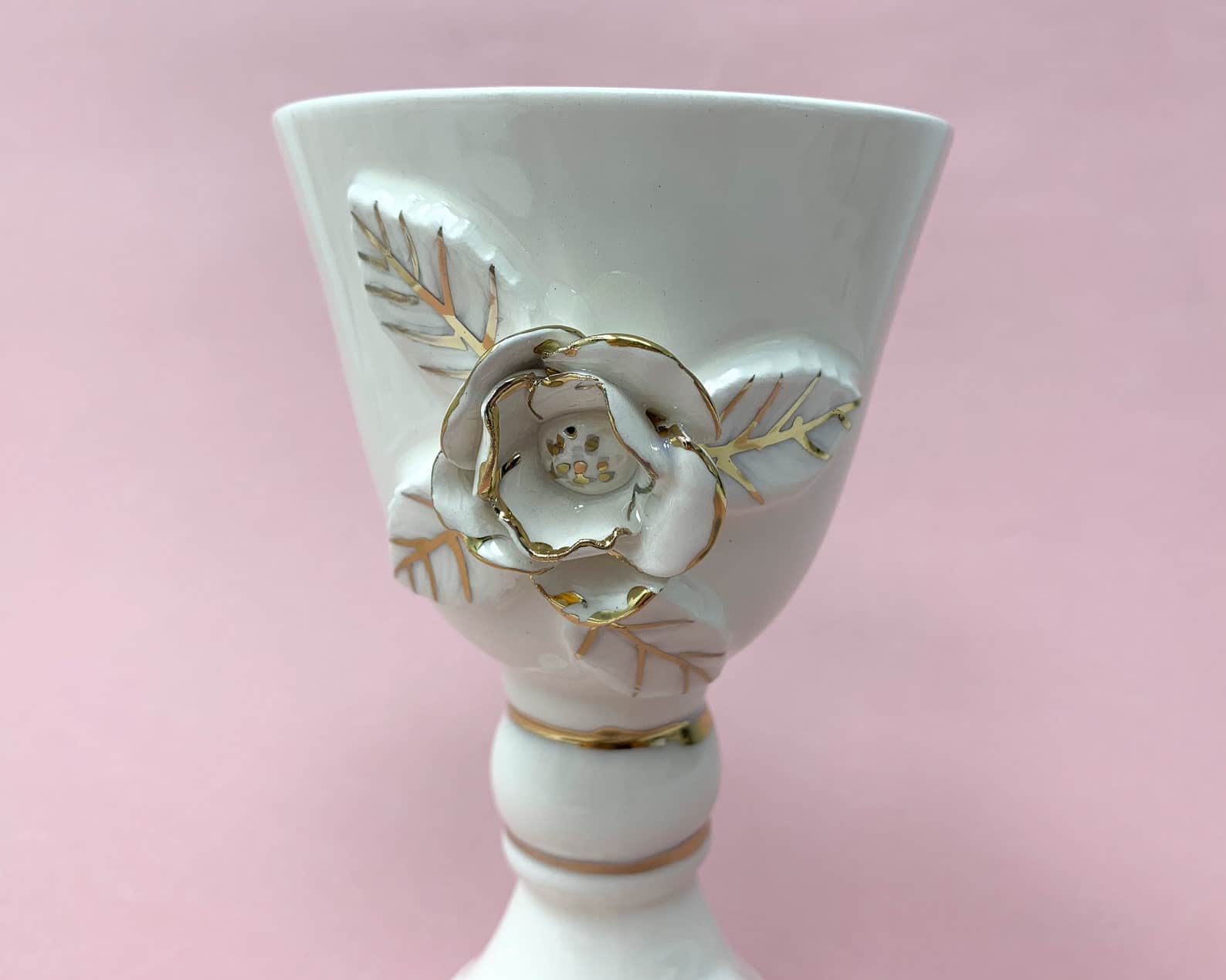 Decorated Ceramic White and Gold Wine Goblet