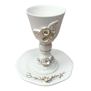 Ceramic Wine Glass and Plate in White & Gold