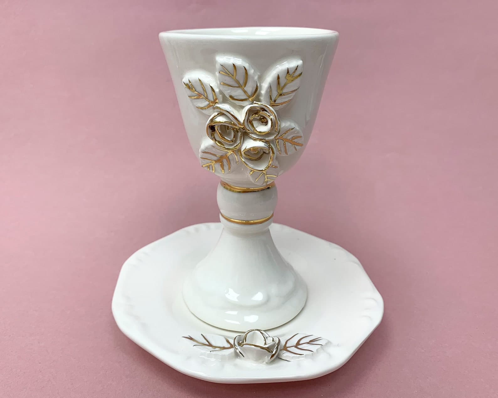 White Ceramic Wine Cup and Plate with Gold Detailing