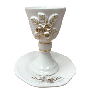 White Ceramic Wine Cup and Plate with Gold Detailing