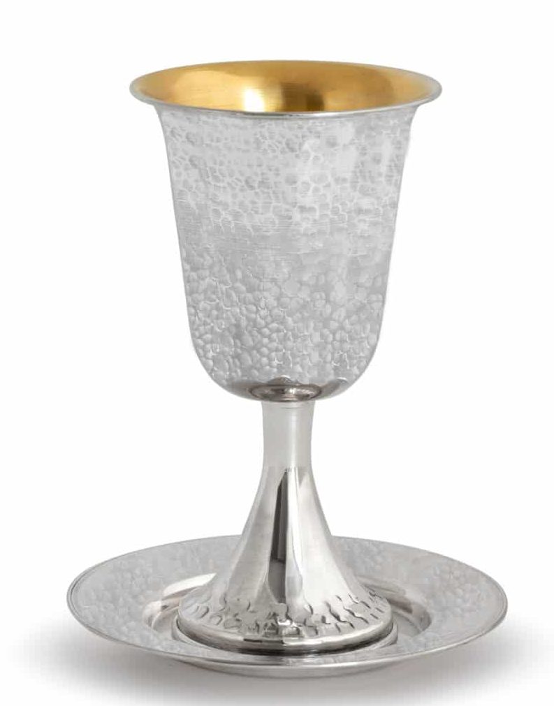 Sterling Silver Hammered Kiddush Cup and Plate