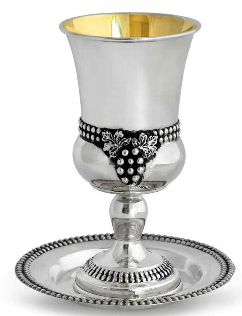 Sterling Silver Grapes Kiddush Cup With Plate Set