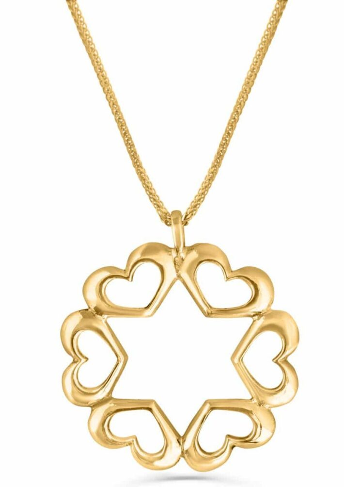 Large 14k Gold and Diamonds Star of David Pendant with 6 Hearts