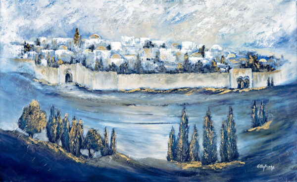 Jerusalem Panorama Blue White & Gold painting