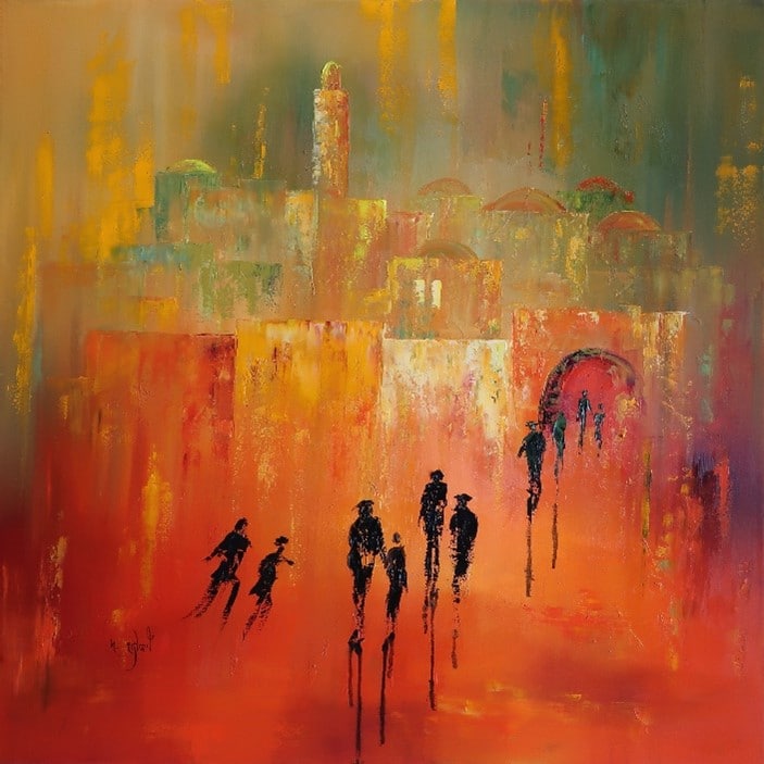 Colorful Original Painting of Jerusalem Landscape in Red & Orange Colors