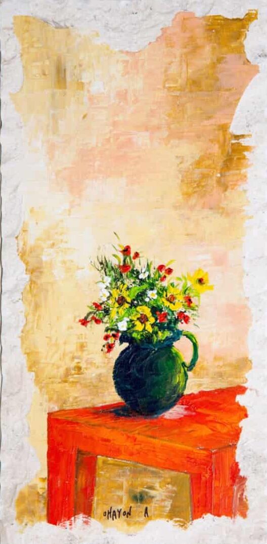 Painting on Jerusalem Stone of Flower Vase