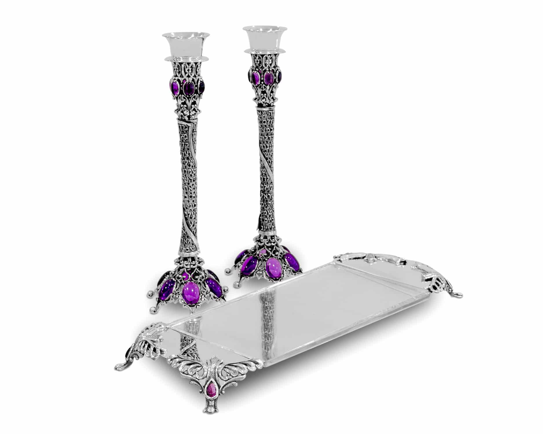 Silver Stones Candle Holders Set with Shabbat blessing