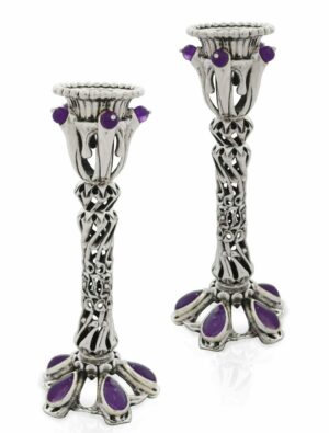 Special Sterling Silver Candlesticks with Natural Amethyst Stones