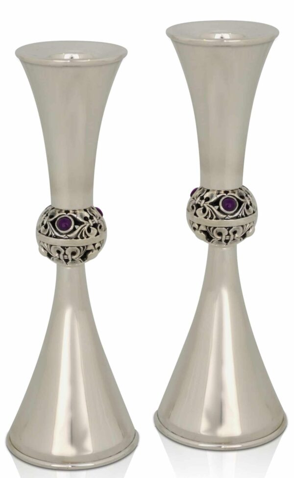 Unique Sterling Silver Candlesticks with Amethyst Stones