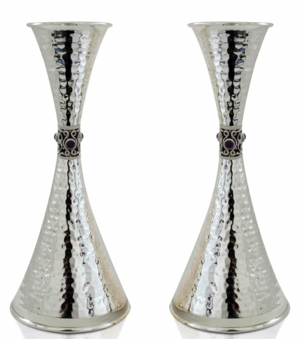 Hammered Silver Candlesticks with Amethyst Stones