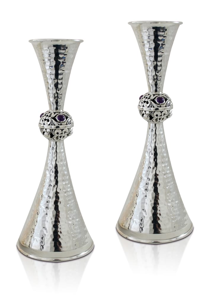 Amethyst Stones Silver Candlesticks with Hammered Finishing