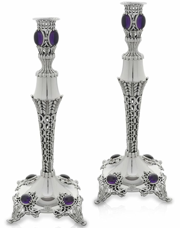 Extraordinary Sterling Silver Candlesticks with Amethyst Stones