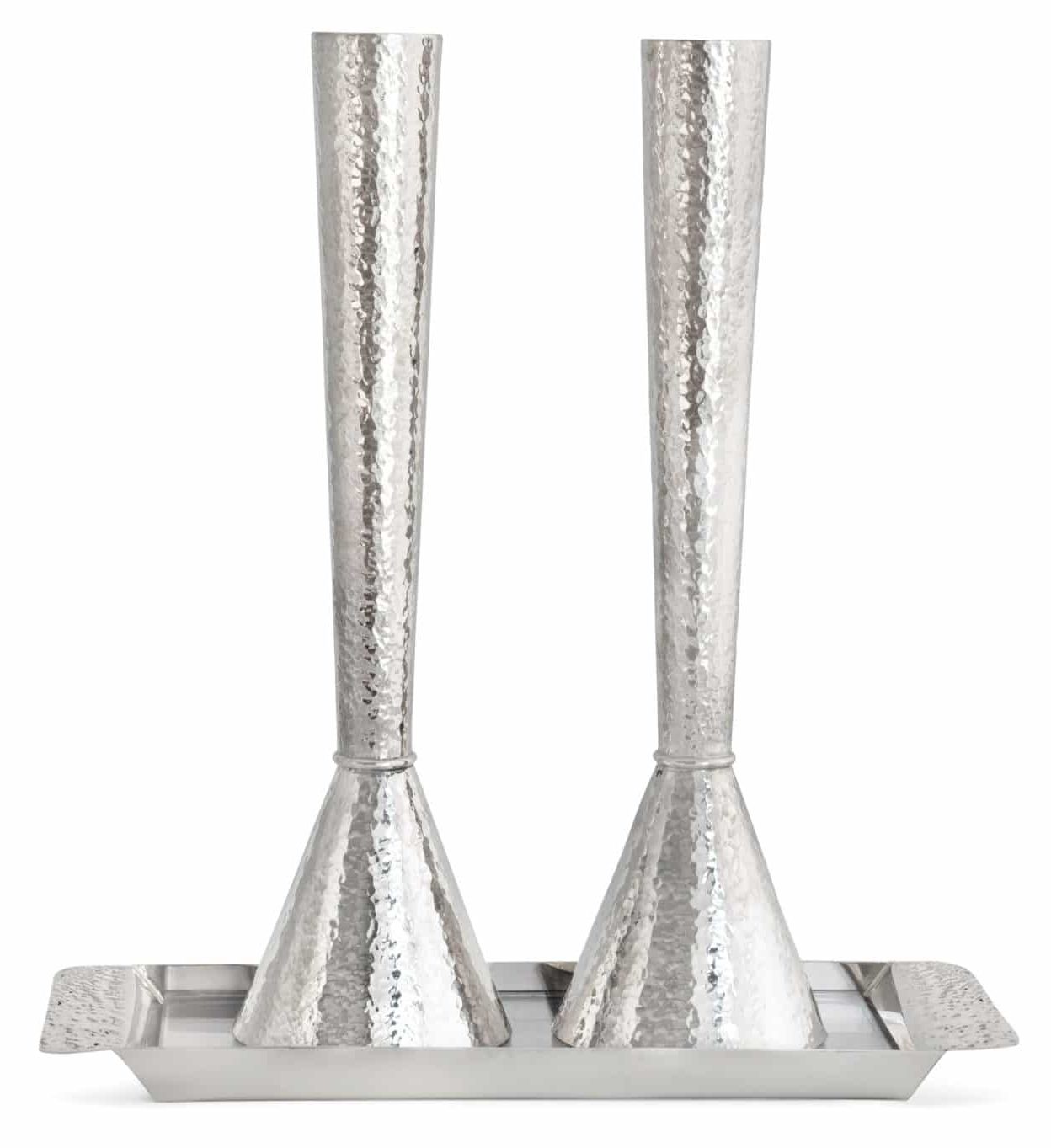 Large Silver Hammered Candlesticks and Tray