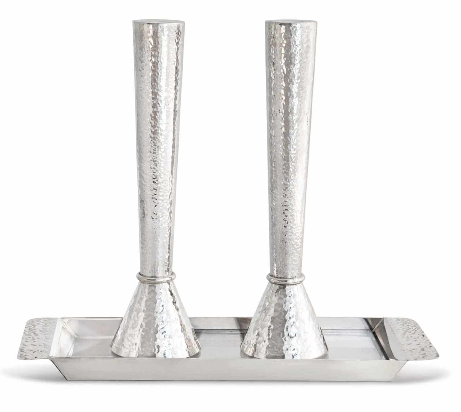 Mid Size Hammered Silver Candlesticks with Tray