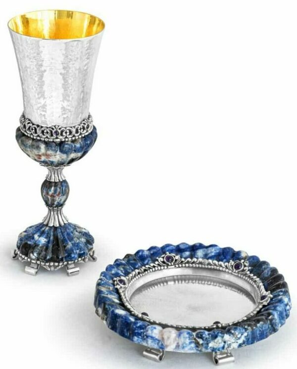 Hammered Kiddush Set with Natural Blue Onyx
