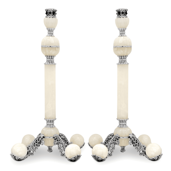 Unique Sterling Silver & White Onyx Stone Candlesticks With Stones