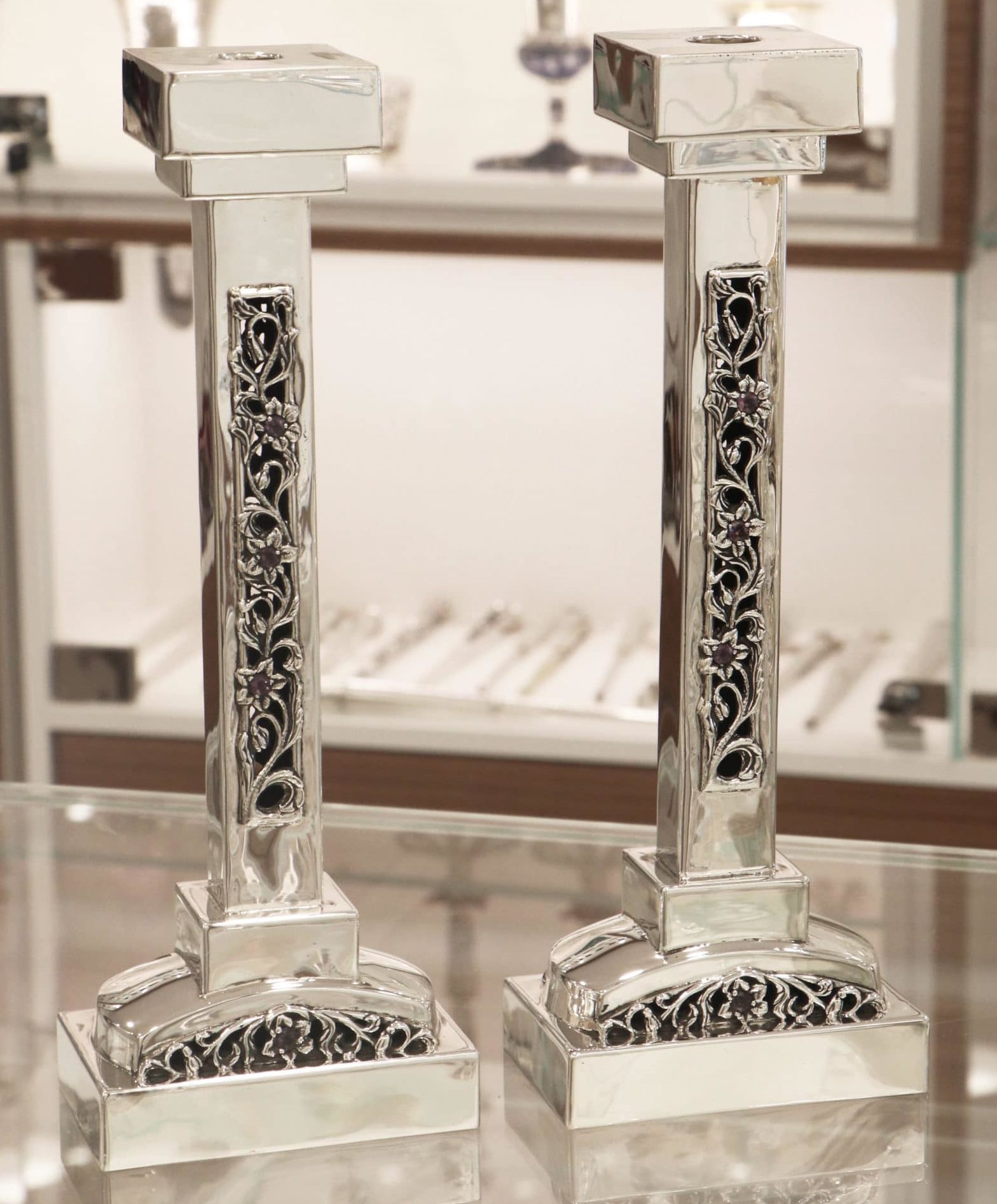 Square Shaped Sterling Silver Stones Candlesticks
