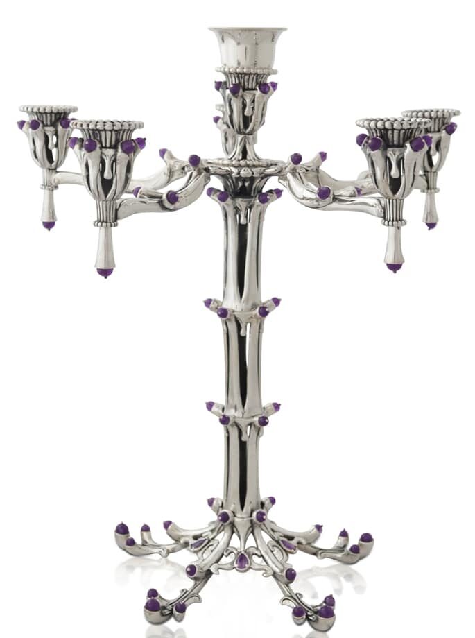 Unusual 5+1 Arms Sterling Silver Candelabra with Amethyst stones