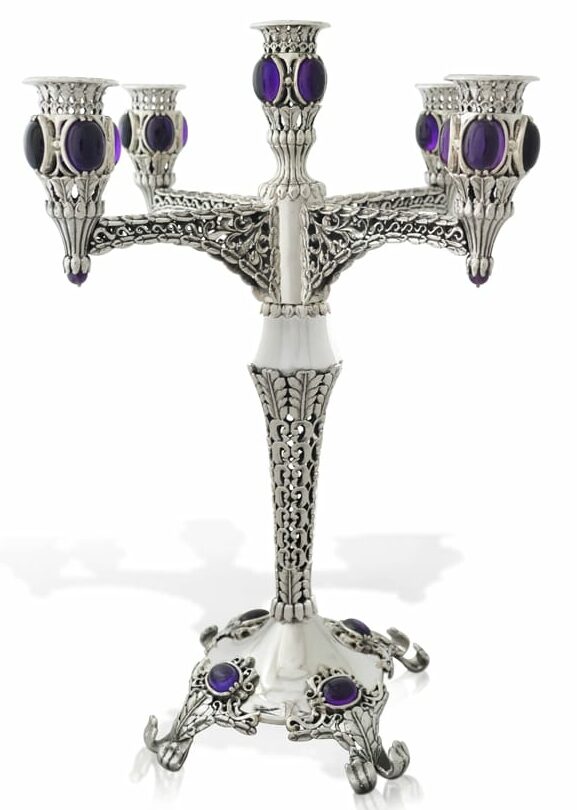 Sterling Silver Jewish Candelabra with Filigree & Stones