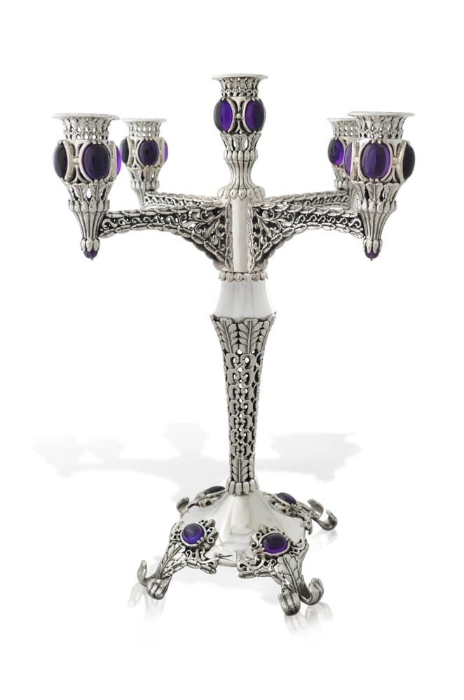 Jewish Candelabra with Silver Filigree and Amethysts