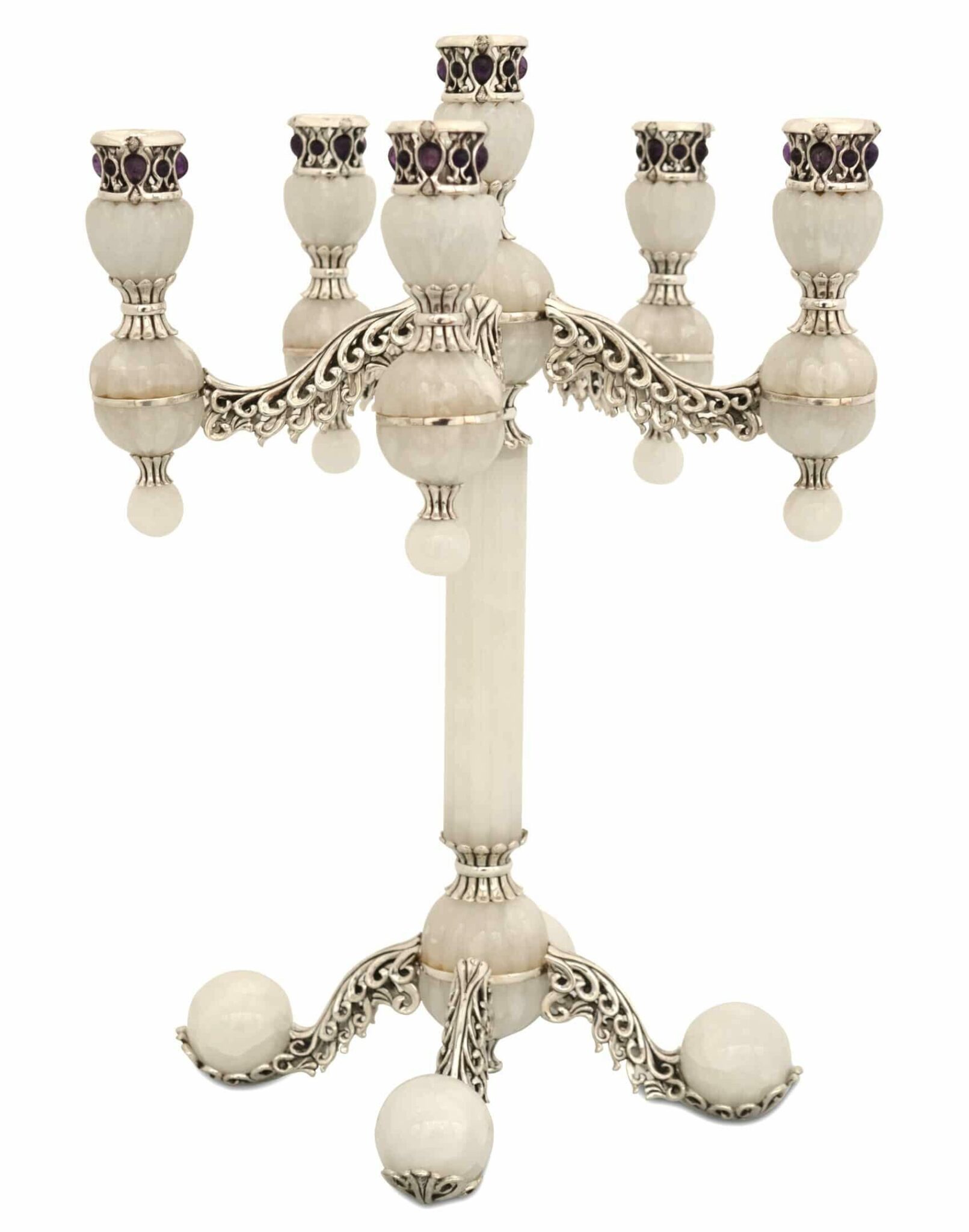Five Arms White Onyx Candelabra with Amethyst Stones