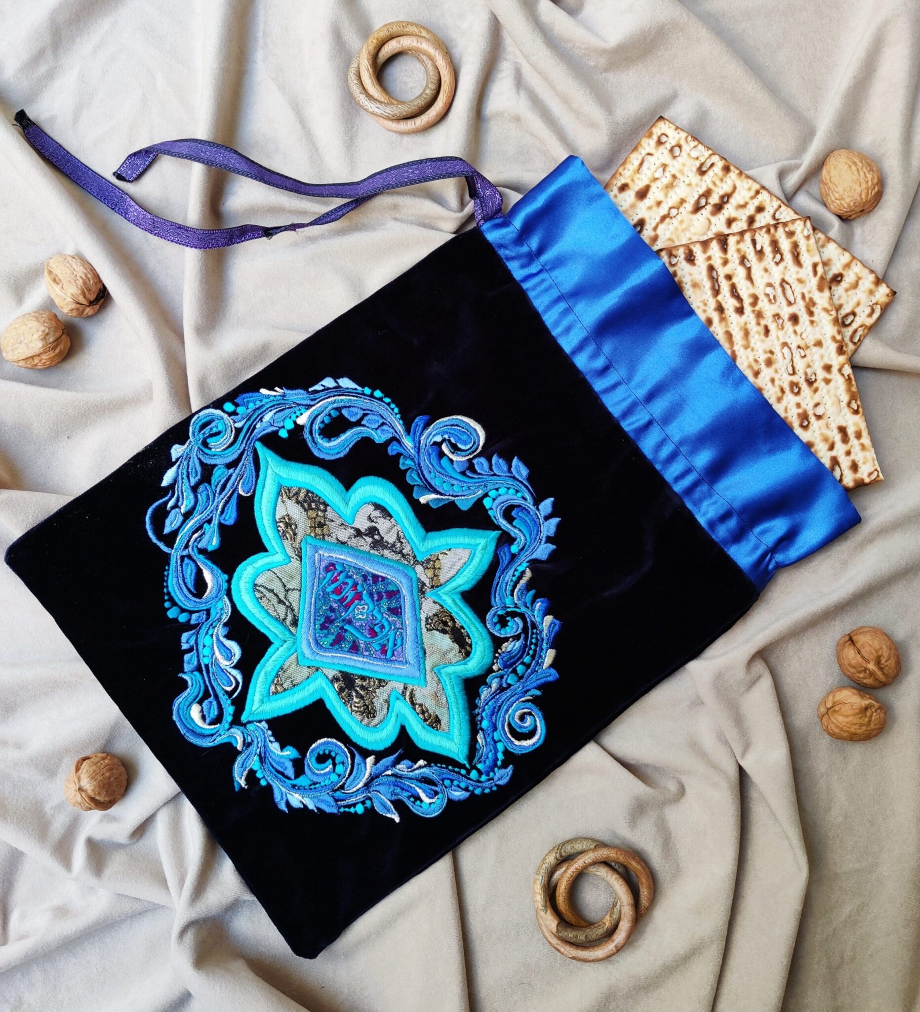 Prestigious Black and Blue Hand Embroidered Afikoman Bag