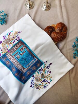 Hand Embroidered Challah Cover In blue & white