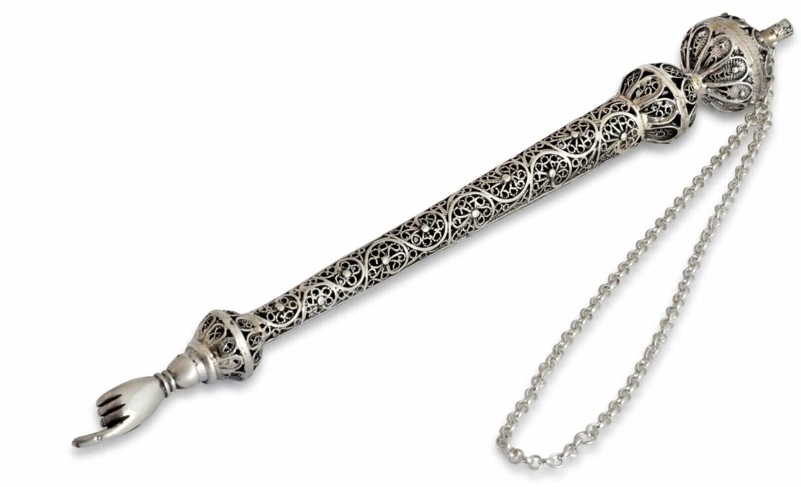 Royal Style Silver Torah Pointer with Cut Out Filigree Balls