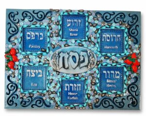 Blue and Turquoise Square Pesach Plate