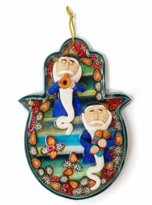 Polymer Clay Colorful Hamsa Mobile with Two Rabbis