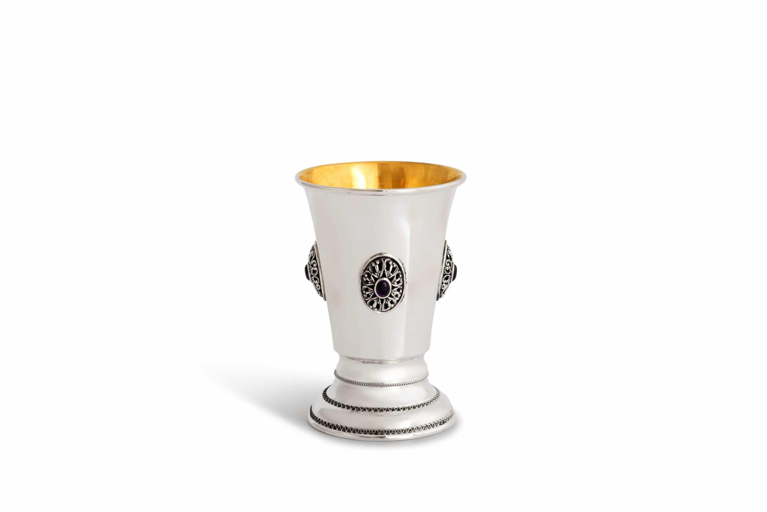 Sterling Silver Small Kiddush Cup With Natural Amethyst Stones
