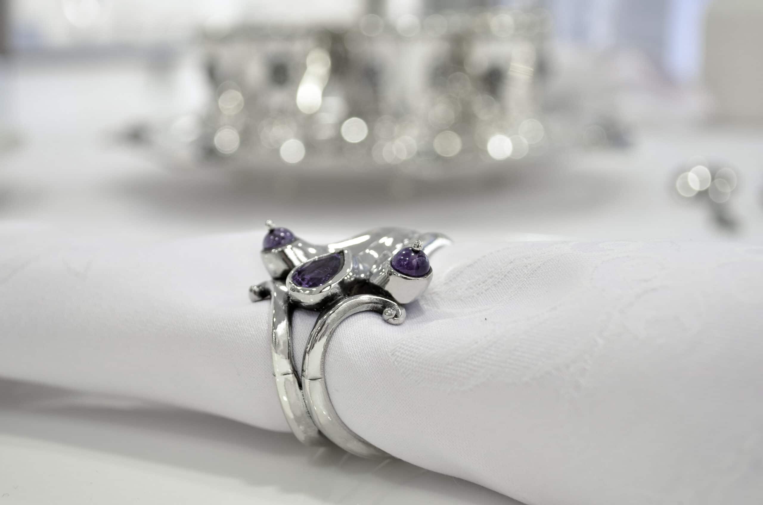 Silver Napkin Ring with Natural Amethyst Stones