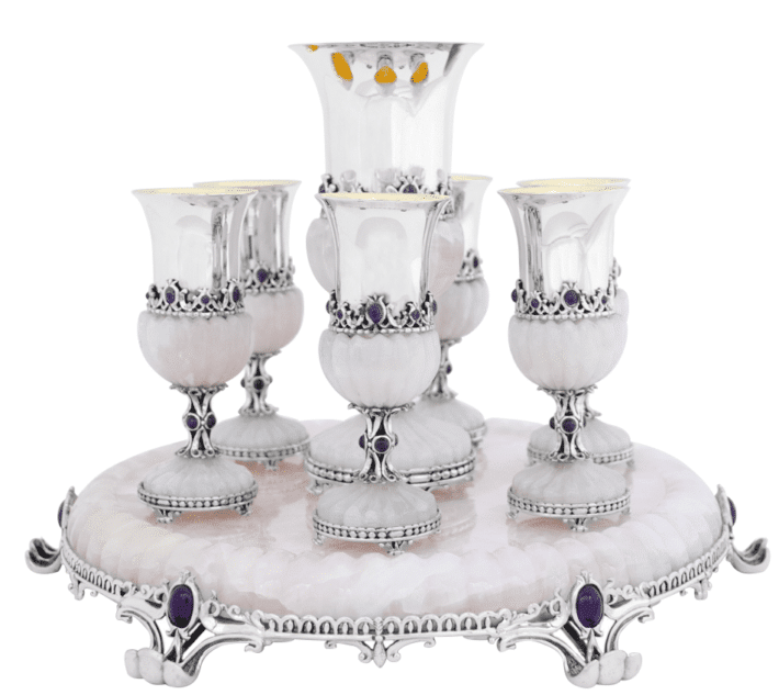 Silver Liquor Set with Pink Onyx and Amethyst Stones