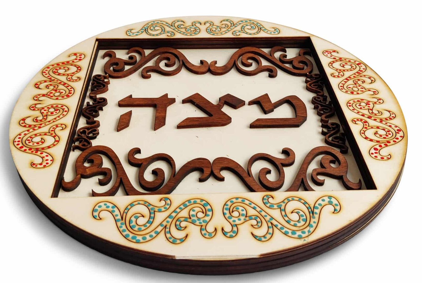 Green and Red Round Wood Matzah Tray