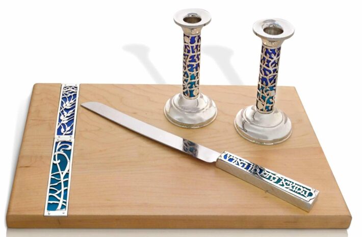 Blue Challah Board with Knife and Castlesticks