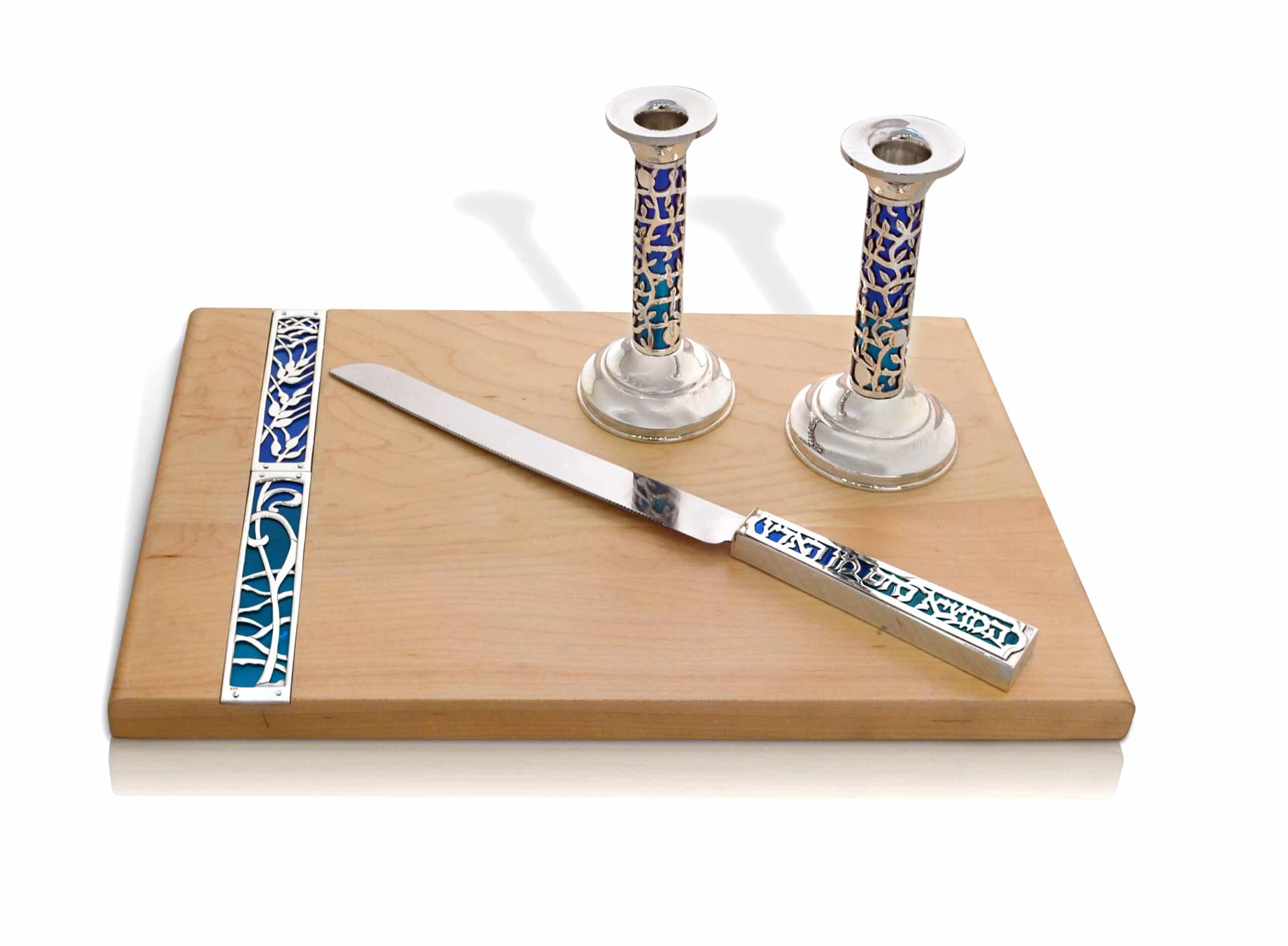 challah Board with Shabbat Candlesticks