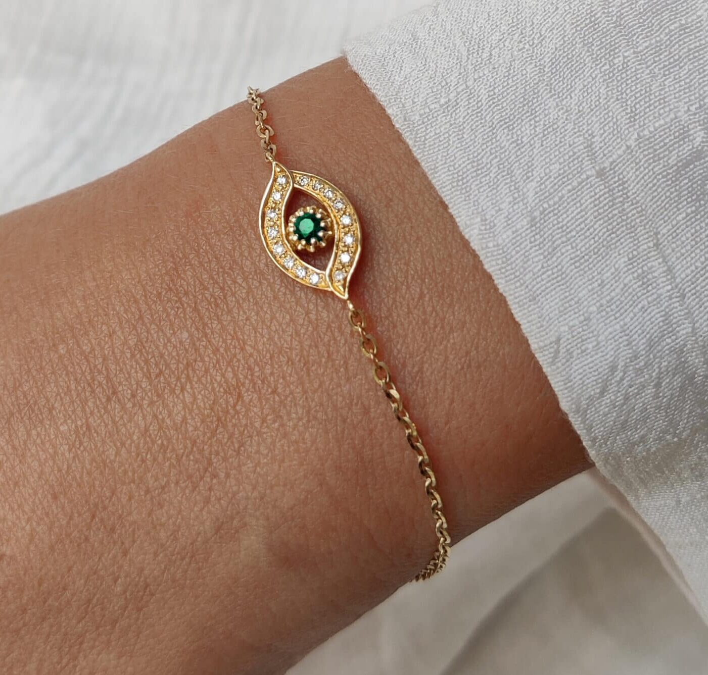 Gold & Diamonds Evil Eye Bracelet with Emerald Stone