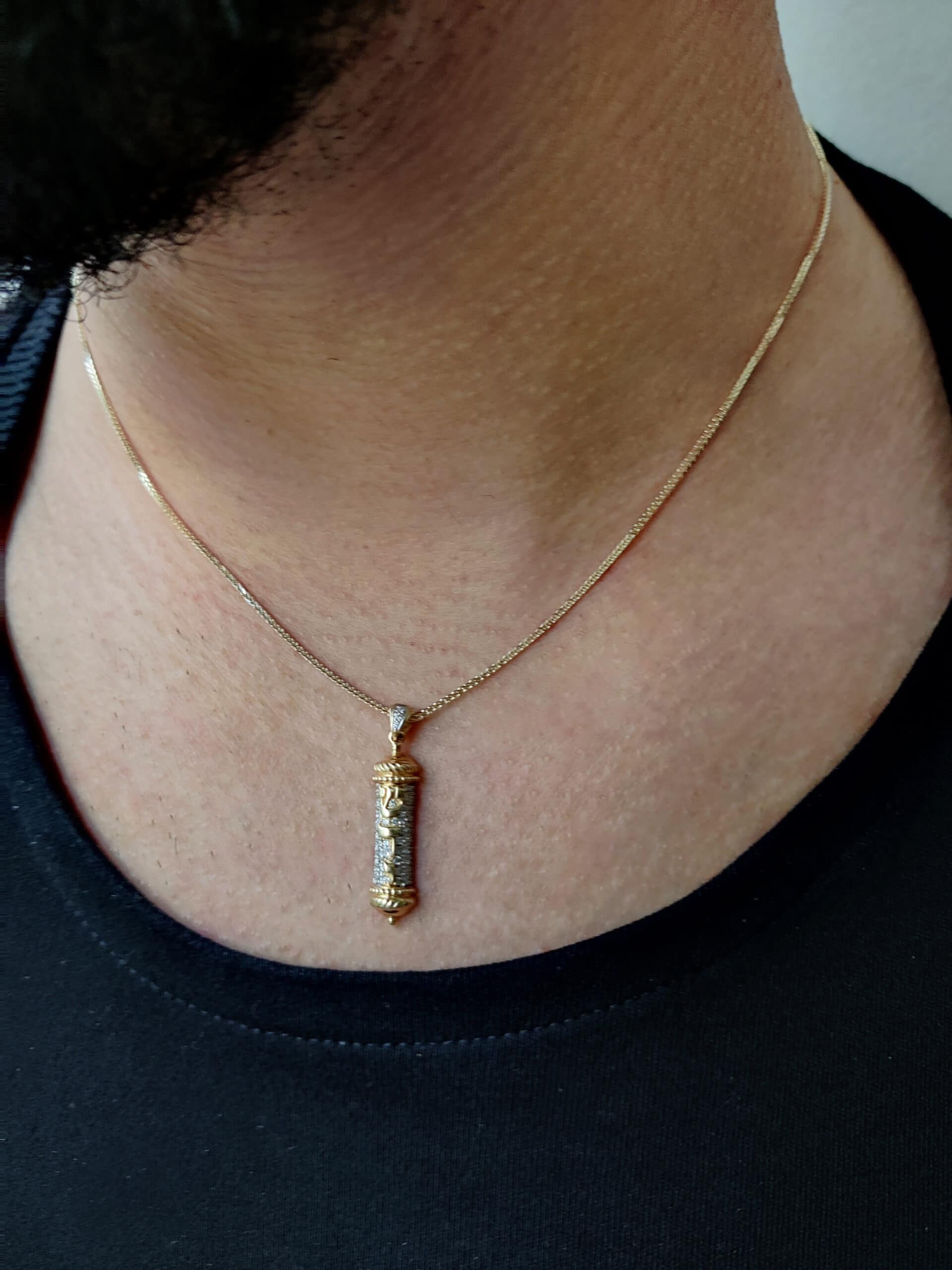 Gold Mezuzah Pendant with Glistening Diamonds