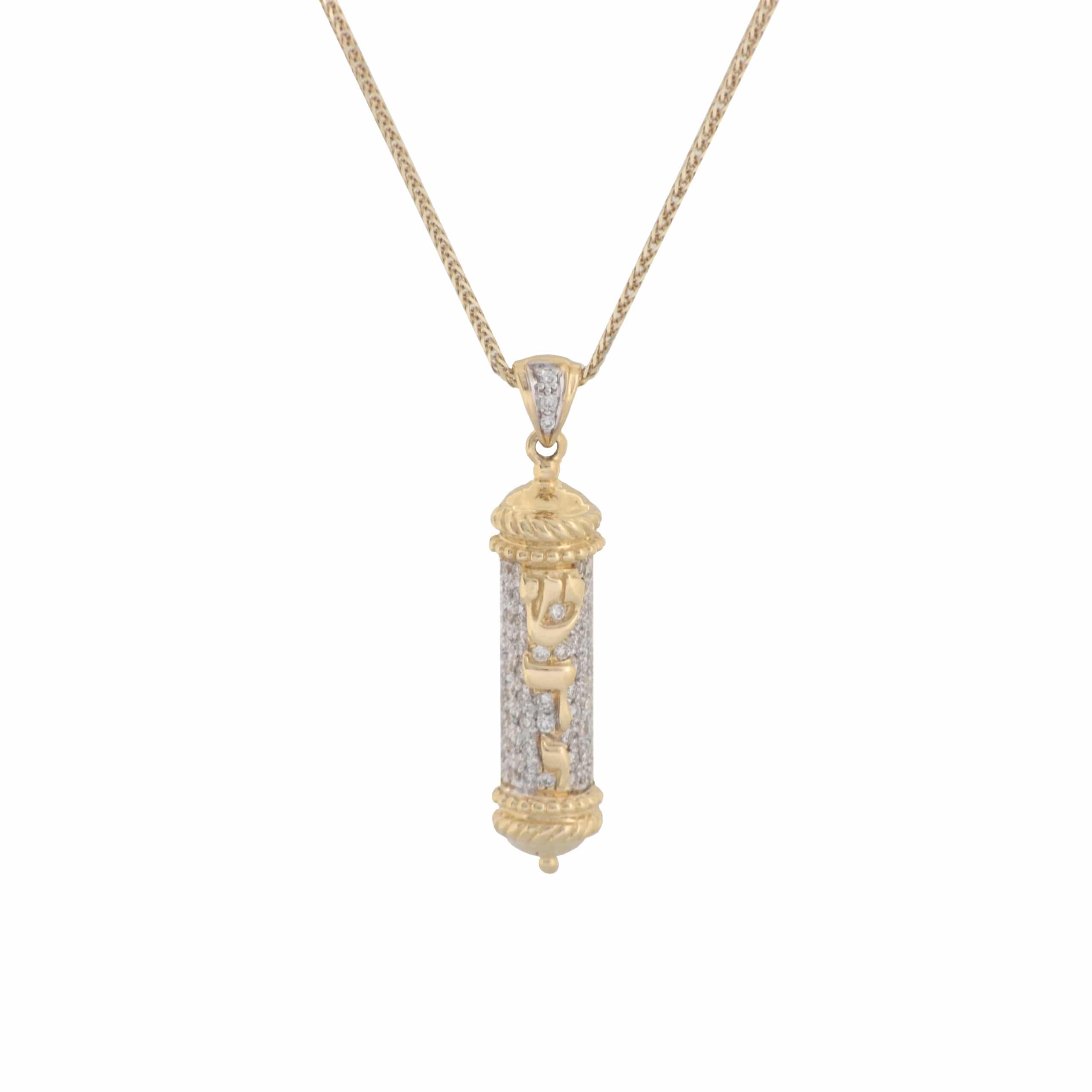 Gold Mezuzah Pendant with Glistening Diamonds