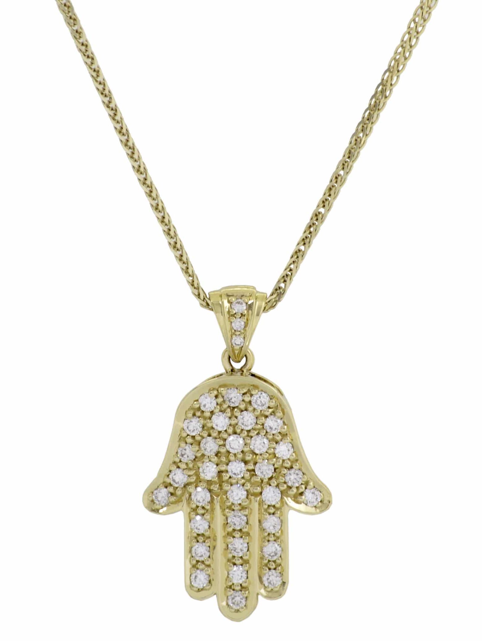 Shiny 14K Yellow Gold Hamsa Pendant with Diamonds
